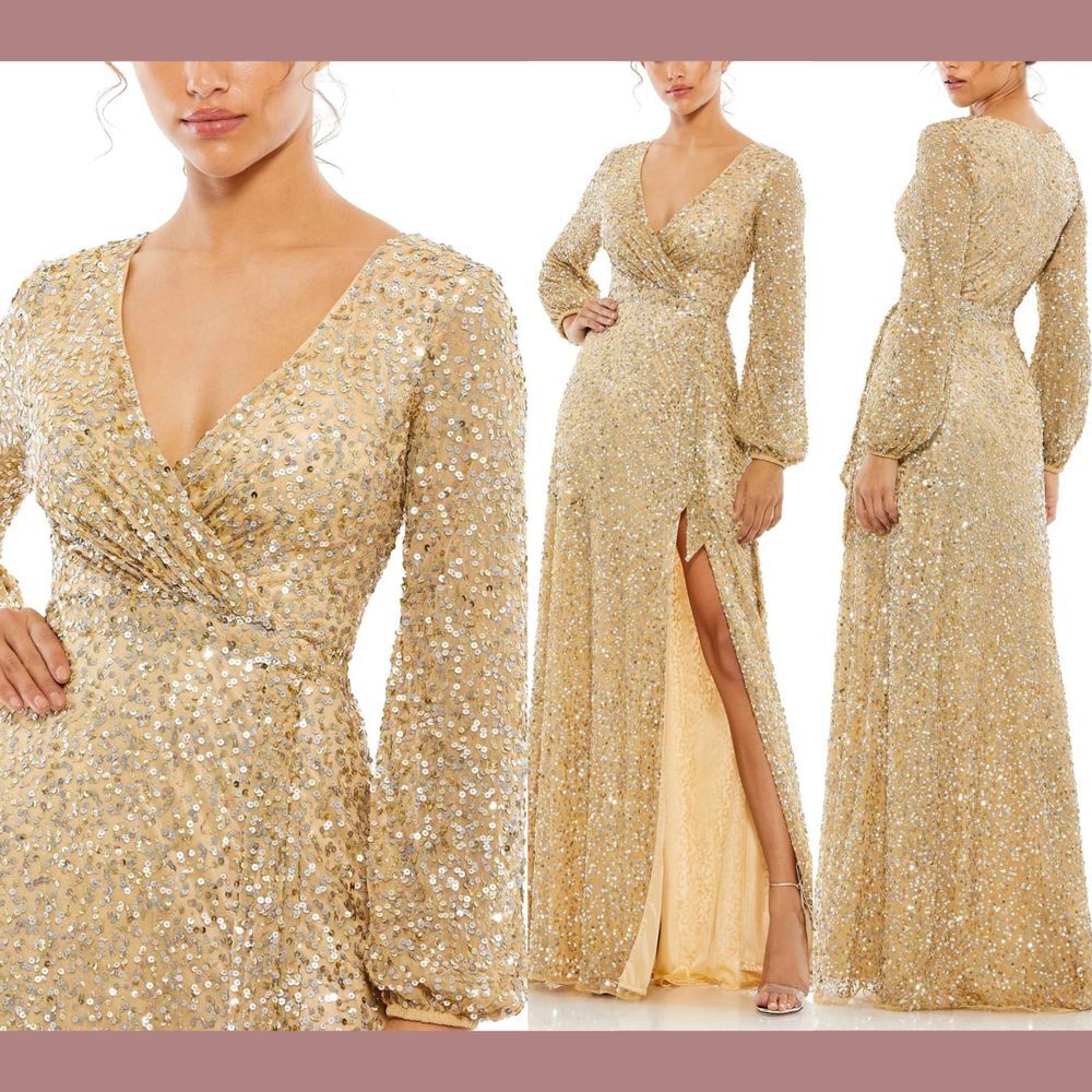 NWT $598 Mac Duggal [ 10 ] Multi Colored Sequin Long Sleeve Gown Champagne G1834